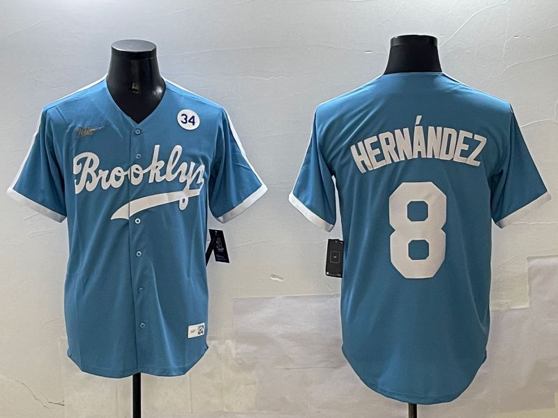 Men Los Angeles Dodgers #8 Hernandez Light Blue Throwback Game 2025 Nike MLB Jersey style 3063